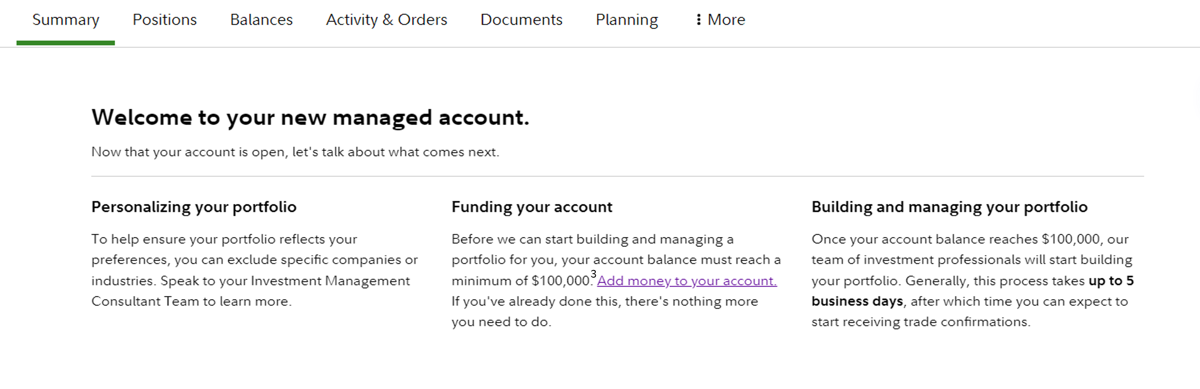 Graphic shows an image of the account funding webpage experience when a new account is funded.