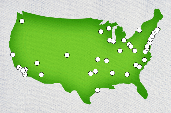 Map showing the areas of participating independent investment advisor firms in the US