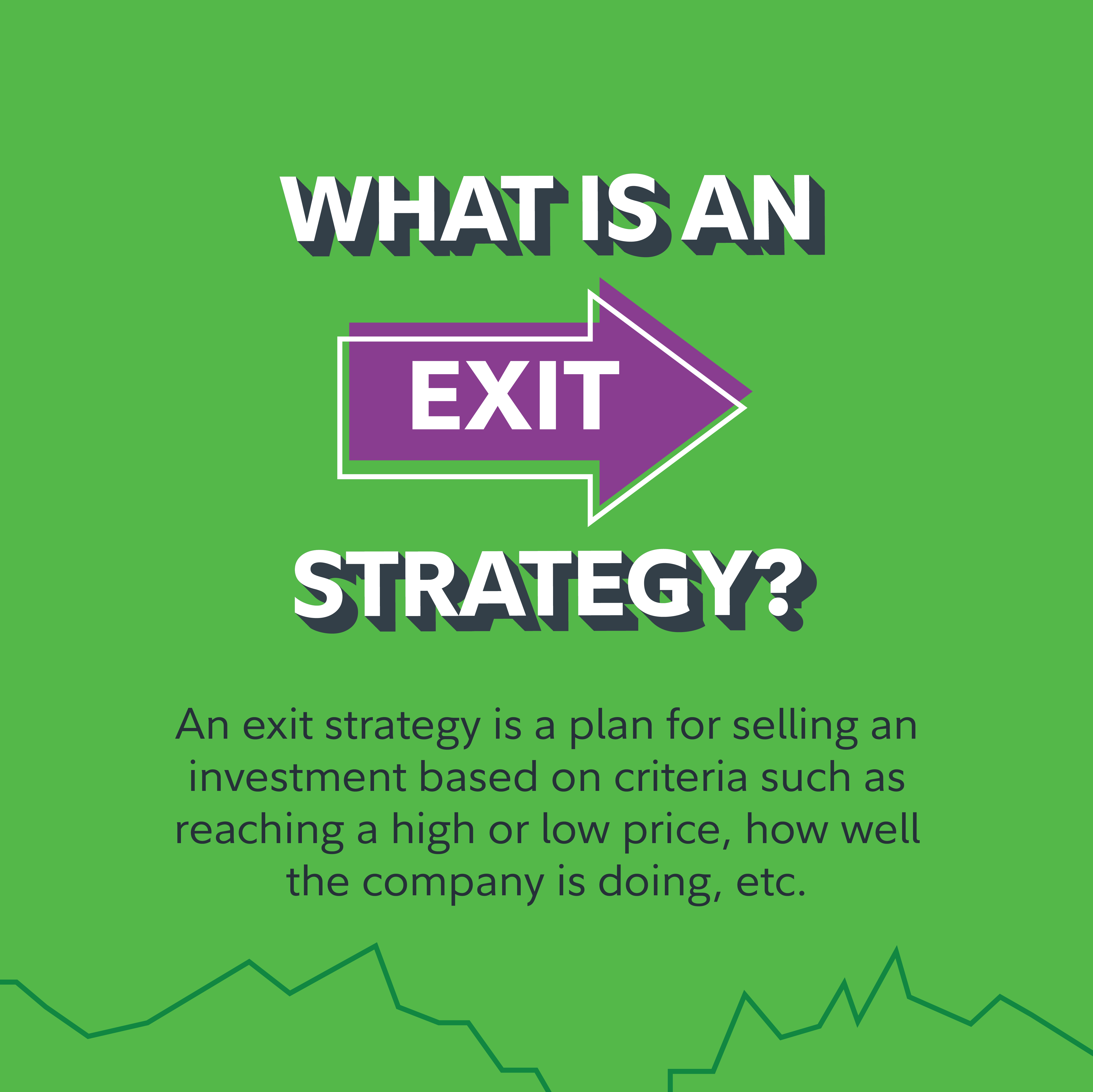 What is an exit strategy? An exit strategy is a plan for selling an investment based on criteria such as reaching a high or low price, how well the company is doing, etc.