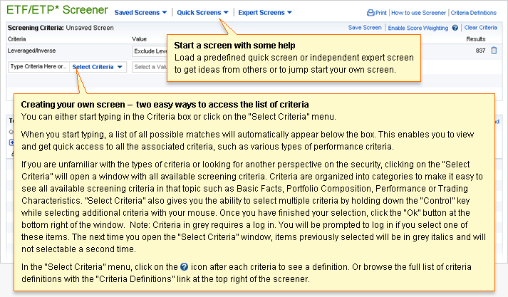 A sample page highlighting how to start using the screener, by entering criteria or starting with a preset screen.