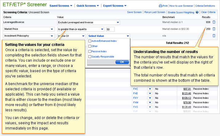 A sample page highlighting how to set values for selected criteria and how the number of results are shown.