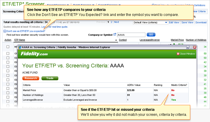 A sample page highlighting how use the preset and custom views for the screener results.